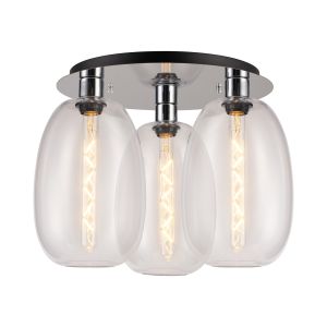 Lori 40cm Round Ceiling Flush, 3 Light Flush Fitting, Polished Chrome/Clear Slim Curved Trapezium Shades