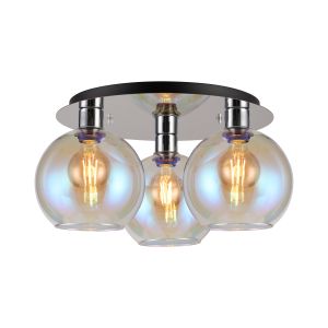 (KOOMS) Lori 40cm Round Ceiling Flush, 3 Light Flush Fitting, Polished Chrome/Iridescent Open Mouth Round Globe Shades