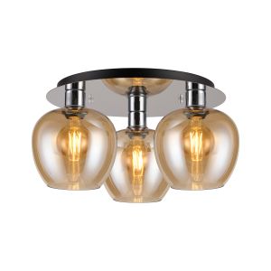 Lori 40cm Round Ceiling Flush, 3 Light Flush Fitting, Polished Chrome/Amber Wine Shades