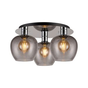 Lori 40cm Round Ceiling Flush, 3 Light Flush Fitting, Polished Chrome/Smoke Wine Shades