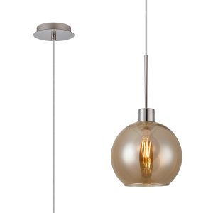 Lori 1.7m Single Pendant, 1 Light Adjustable E27, Satin Nickel/Amber Open Mouth Round Globe Shades