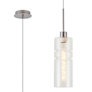 (KOOMS) Lori 1.7m Single Pendant, 1 Light Adjustable E27, Satin Nickel/Clear Ribbed Sculptured Cylinder Shades