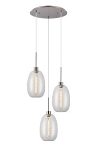 Lori 40cm Round Pendant, 3 Light Adjustable E27, Satin Nickel/Clear Slim Curved Trapezium Shades