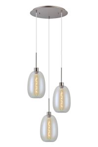 Lori 40cm Round Pendant, 3 Light Adjustable E27, Satin Nickel/Iridescent Slim Curved Trapezium Shades