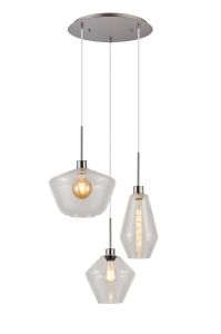(KOOMS) Lori 40cm Round Pendant, 3 Light Adjustable E27, Satin Nickel/Clear Hexagonal Diamond Kite Shades