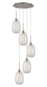 Lori 45cm Round Pendant, 5 Light Adjustable E27, Satin Nickel/Clear Slim Curved Trapezium Shades