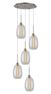 Lori 45cm Round Pendant, 5 Light Adjustable E27, Satin Nickel/Iridescent Slim Curved Trapezium Shades