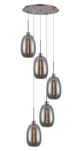 (KOOMS) Lori 45cm Round Pendant, 5 Light Adjustable E27, Satin Nickel/Smoke Slim Curved Trapezium Shades