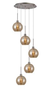 Lori 45cm Round Pendant, 5 Light Adjustable E27, Satin Nickel/Amber Open Mouth Round Globe Shades