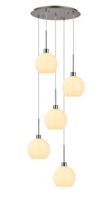 Lori 45cm Round Pendant, 5 Light Adjustable E27, Satin Nickel/Opal Open Mouth Round Globe Shades