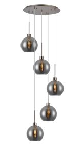 Lori 45cm Round Pendant, 5 Light Adjustable E27, Satin Nickel/Smoke Open Mouth Round Globe Shades