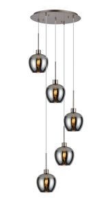 (KOOMS) Lori 45cm Round Pendant, 5 Light Adjustable E27, Satin Nickel/Chrome Wine Shades
