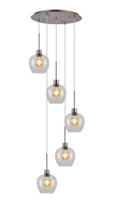 Lori 45cm Round Pendant, 5 Light Adjustable E27, Satin Nickel/Clear Wine Shades