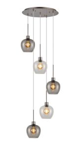 Lori 45cm Round Pendant, 5 Light Adjustable E27, Satin Nickel/Clear/Smoke Wine Shades