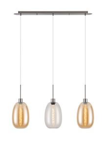 Lori Linear Pendant, 3 Light Adjustable E27, Satin Nickel/Clear/Amber Slim Curved Trapezium Shades