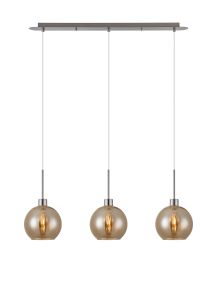 Lori Linear Pendant, 3 Light Adjustable E27, Satin Nickel/Amber Open Mouth Round Globe Shades