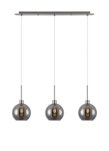 Lori Linear Pendant, 3 Light Adjustable E27, Satin Nickel/Smoke Open Mouth Round Globe Shades