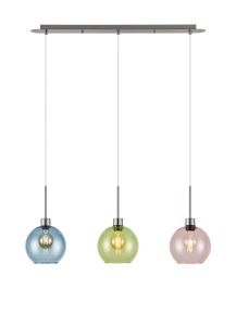 (KOOMS) Lori Linear Pendant, 3 Light Adjustable E27, Satin Nickel/Blue/Green/Pink Open Mouth Round Globe Shades