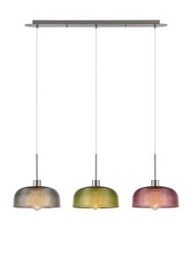 Lori Linear Pendant, 3 Light Adjustable E27, Satin Nickel/Smoke Blue/Moss Green/Purple Prismatic Dome Shades