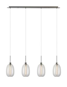 Lori Linear Pendant, 4 Light Adjustable E27, Satin Nickel/Clear Slim Curved Trapezium Shades