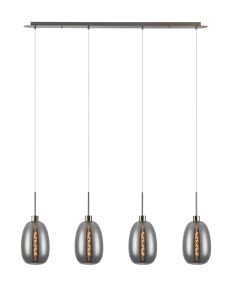 (KOOMS) Lori Linear Pendant, 4 Light Adjustable E27, Satin Nickel/Smoke Slim Curved Trapezium Shades