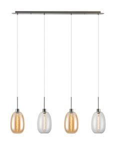 Lori Linear Pendant, 4 Light Adjustable E27, Satin Nickel/Clear/Amber Slim Curved Trapezium Shades
