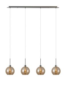 Lori Linear Pendant, 4 Light Adjustable E27, Satin Nickel/Amber Open Mouth Round Globe Shades