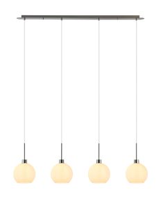 Lori Linear Pendant, 4 Light Adjustable E27, Satin Nickel/Opal Open Mouth Round Globe Shades
