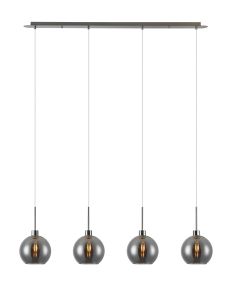 Lori Linear Pendant, 4 Light Adjustable E27, Satin Nickel/Smoke Open Mouth Round Globe Shades