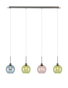 (KOOMS) Lori Linear Pendant, 4 Light Adjustable E27, Satin Nickel/Blue/Green/Pink Open Mouth Round Globe Shades