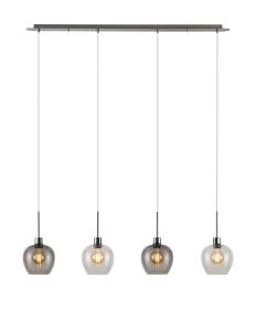 Lori Linear Pendant, 4 Light Adjustable E27, Satin Nickel/Clear/Smoke Wine Shades