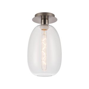 Lori 15cm Round Ceiling Flush, 1 Light Flush Fitting E27, Satin Nickel/Clear Slim Curved Trapezium Shades