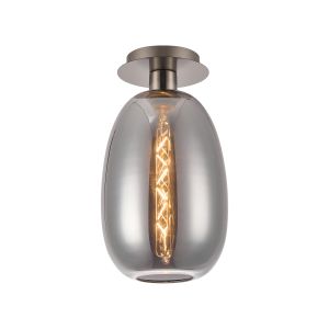 (KOOMS) Lori 15cm Round Ceiling Flush, 1 Light Flush Fitting E27, Satin Nickel/Smoke Slim Curved Trapezium Shades