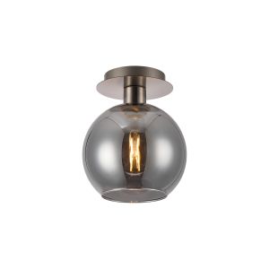 Lori 15cm Round Ceiling Flush, 1 Light Flush Fitting E27, Satin Nickel/Smoke Open Mouth Round Globe Shades