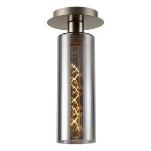 Lori 15cm Round Ceiling Flush, 1 Light Flush Fitting E27, Satin Nickel/Smoke Ribbed Slim Tube Shades