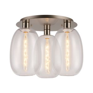 Lori 40cm Round Ceiling Flush, 3 Light Flush Fitting, Satin Nickel/Clear Slim Curved Trapezium Shades