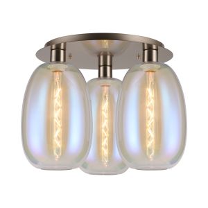 Lori 40cm Round Ceiling Flush, 3 Light Flush Fitting, Satin Nickel/Iridescent Slim Curved Trapezium Shades