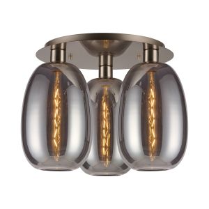 (KOOMS) Lori 40cm Round Ceiling Flush, 3 Light Flush Fitting, Satin Nickel/Smoke Slim Curved Trapezium Shades