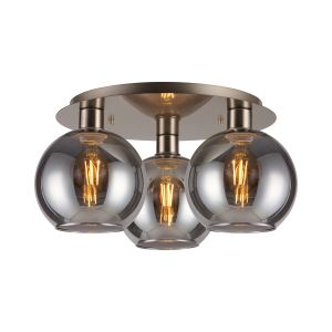 Lori 40cm Round Ceiling Flush, 3 Light Flush Fitting, Satin Nickel/Smoke Open Mouth Round Globe Shades