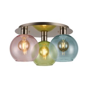 (KOOMS) Lori 40cm Round Ceiling Flush, 3 Light Flush Fitting, Satin Nickel/Blue/Green/Pink Open Mouth Round Globe Shades