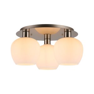 Lori 40cm Round Ceiling Flush, 3 Light Flush Fitting, Satin Nickel/Opal Wine Shades