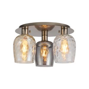 Lori 45cm Round Ceiling Flush, 3 Light E27, Satin Nickel/Champagne/Clear/Smoke Ripple Wine Shades