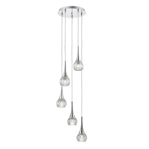 Lyall 5 Light G9 Polished Chrome Adjustable Cluster Pendant With Beautiful Cut Glass Style Pumpkin Shaped Glass Shades