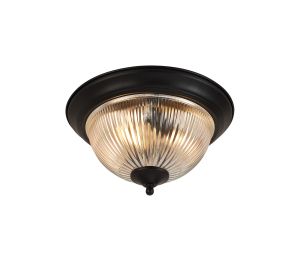 Macy 28.5cm IP44 2 Light E14 Flush Ceiling Light, Satin Black With Clear Ribbed Glass