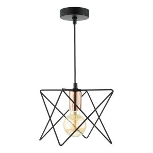 Midi 1 Light E27 Matt Black With Bright Copper Scandi-Style Caged Adjustable Pendant