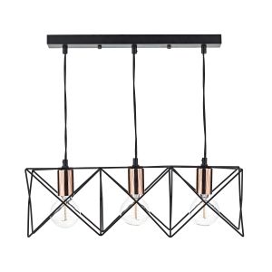 Midi 3 Light E27 Matt Black With Bright Copper Scandi-Style Caged Adjustable Linear Bar Pendant