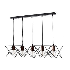 Midi 5 Light E27 Matt Black With Bright Copper Scandi-Style Caged Adjustable Linear Bar Pendant