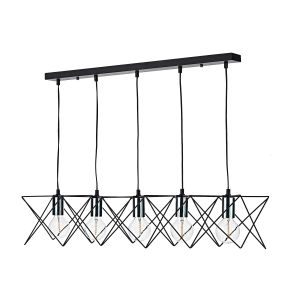 Midi 5 Light E27 Matt Black With Polished Chrome Scandi-Style Caged Adjustable Linear Bar Pendant