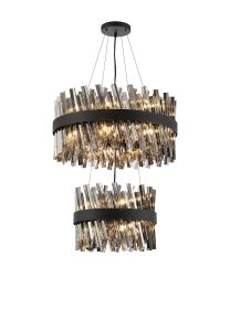 Modus 2 Tier 40cm + 60cm Pendant, 10 + 18 Light G9, Satin Black/Smoke, Item Weight: 27kg