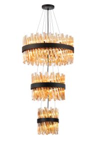 Modus 3 Tier 25cm + 40cm + 60cm Pendant, 6 + 10 + 18 Light G9, Satin Black/Amber, Item Weight: 34kg